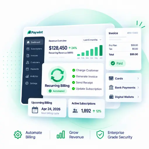A Laptop Screen Showing a Paywint Dashboard with Payment Analytics, a Secure Checkout Form, and Code Snippets for a Payment Gateway API Integration