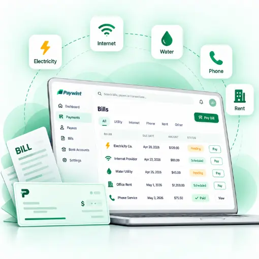 Utility Bill Payment Paywint Bill-Payment Dashboard on a Laptop, Showing Electricity, Internet, Water, Phone, and Rent Payments with Bills and Payment Card Nearby