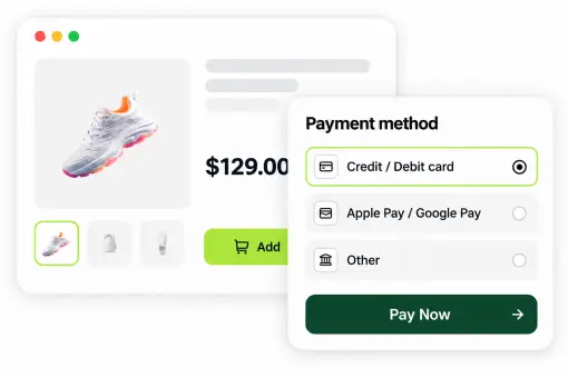 Accept Payments Without Friction Illustration of a Person Working at a Desk with an Invoice on a Laptop, Cash, Coins, and a Bank Account Dashboard