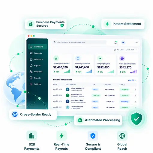 Business Payment Processing Business Payment Processing Dashboard Showing Transactions, Analytics, Cross-Border Payments, Instant Settlement, Security, and Automated Processing