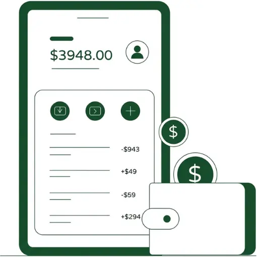 Business Payment Solutions for Everyday Operations Illustration of a Mobile Banking App Showing a $3,948 Balance, Transactions, Dollar Coins, and a Wallet