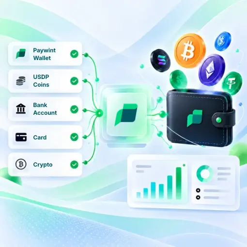 Crypto Onramp Illustration of Paywint Crypto Wallet Connecting Bank, Card, Crypto, and USDP Coins, with Cryptocurrency Icons and Financial Growth Chart