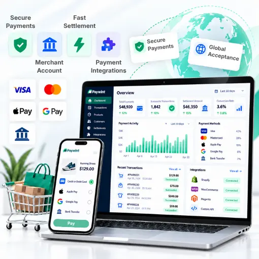 Ecommerce Merchant Services Ecommerce Merchant Services Platform Interface on Laptop and Phone, Showing Secure Payments, Global Acceptance, Integrations, and Supported Payment Methods