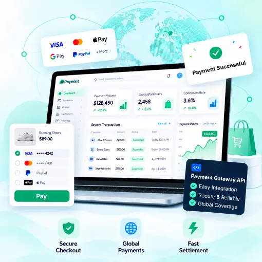 Ecommerce Payment Processing Ecommerce Payment Processing Dashboard Showing Successful Transactions, Digital Payment Options, Secure Checkout, Global Payments, and Fast Settlement