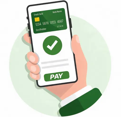 Keep Business Payments Moving Illustration of a Person Working at a Desk with an Invoice on a Laptop, Cash, Coins, and a Bank Account Dashboard