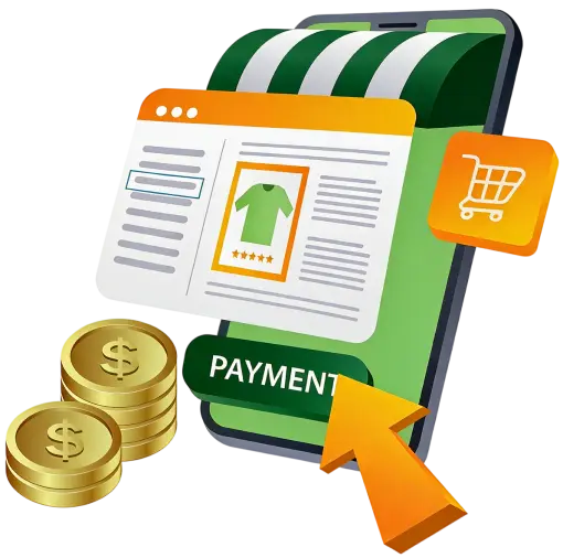 Payment Solutions for Online Stores Illustration of a Mobile Banking App Showing a $3,948 Balance, Transactions, Dollar Coins, and a Wallet