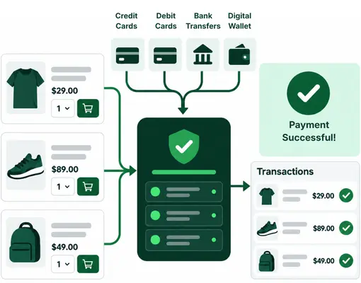 Shopify Payment Solutions Built for Growing Stores Illustration of a Mobile Banking App Showing a $3,948 Balance, Transactions, Dollar Coins, and a Wallet