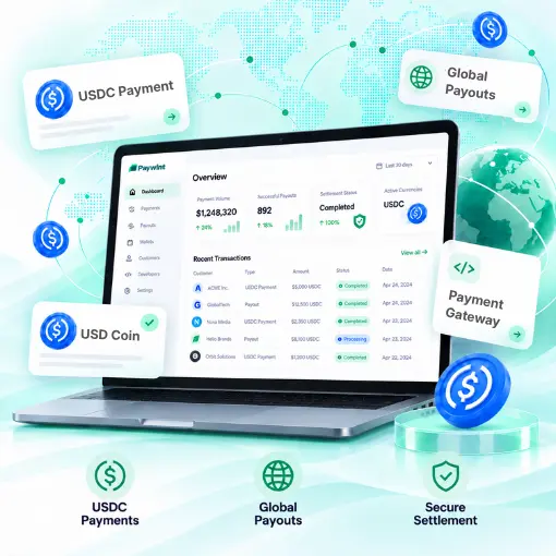 Illustration of a Crypto Payment Dashboard on a Laptop, Surrounded by USDC Coins, Global Payouts, Secure Settlement, and Payment Gateway Graphics