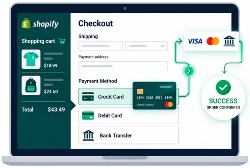 Turn More Shopify Checkouts Into Completed Payments Illustration of a Person Working at a Desk with an Invoice on a Laptop, Cash, Coins, and a Bank Account Dashboard