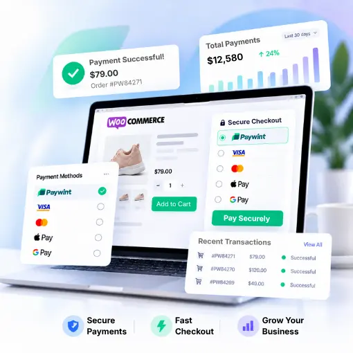WooCommerce Payment Dashboard on a Laptop Showing Secure Checkout Options, Successful Payment, Transaction History, and Analytics